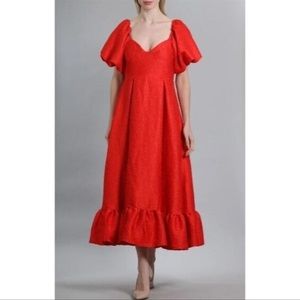 NWT Sister Jane Red Grandma Rose Midi Puff Sleeve Dress